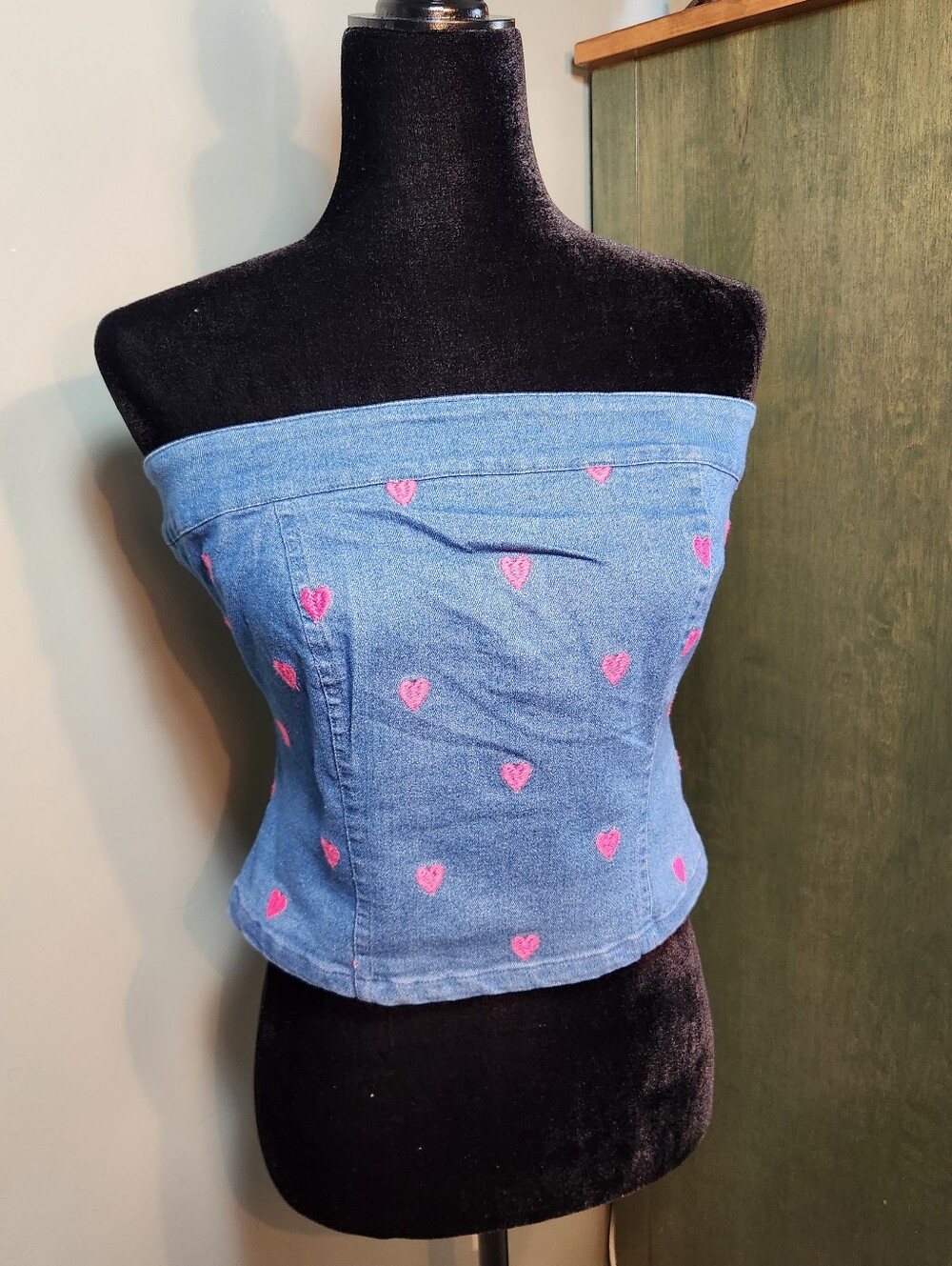 Denim Strapless Tube Top with Pink Heart Embroidery